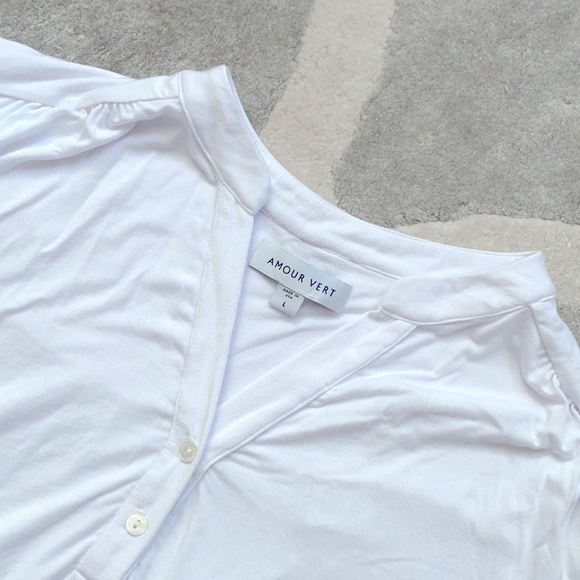 Amour Vert Henley Button V Neck 3/4 Sleeve Blouse Top Shirt L - Picture 3 of 6